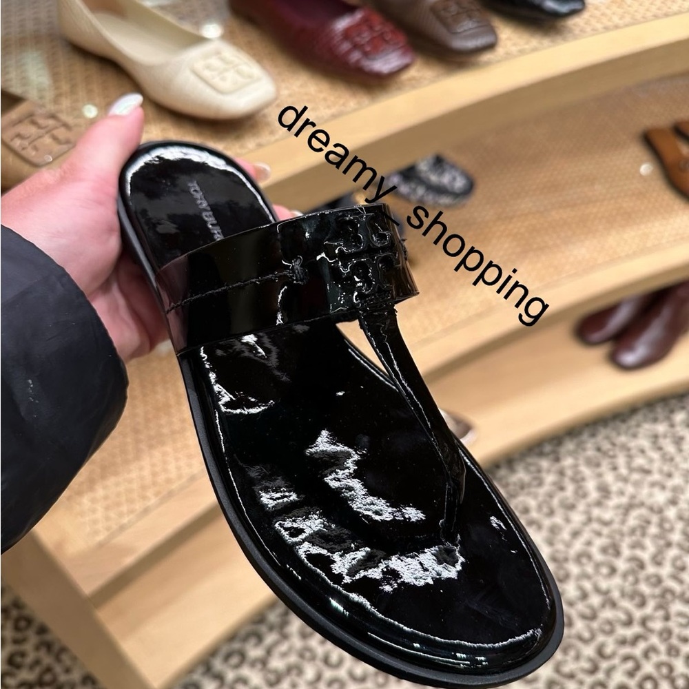 NIB Tory Burch Mini Everly Flat Sandal Black Soft Patent Leather Many Sizes